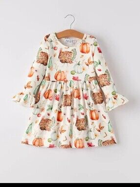 Cream Fall Pumpkin & Turkey Print Long-Sleeve Kids Dress